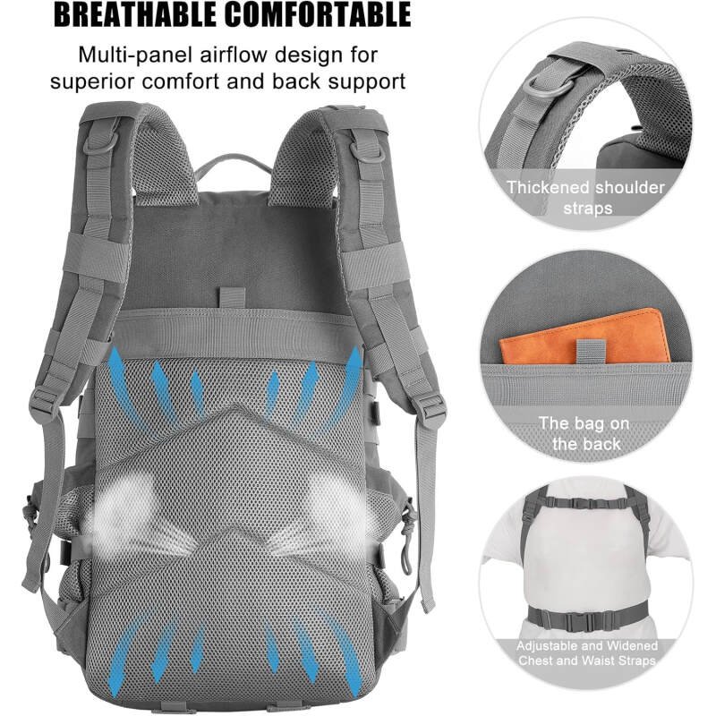 Military Tactical Backpack 50L Large Day Backpack for Men Molle Army 3 Days Assault Pack Bug Out Bag Water Resistant and Heavy Duty Hiking Treeking Rucksack – Grey