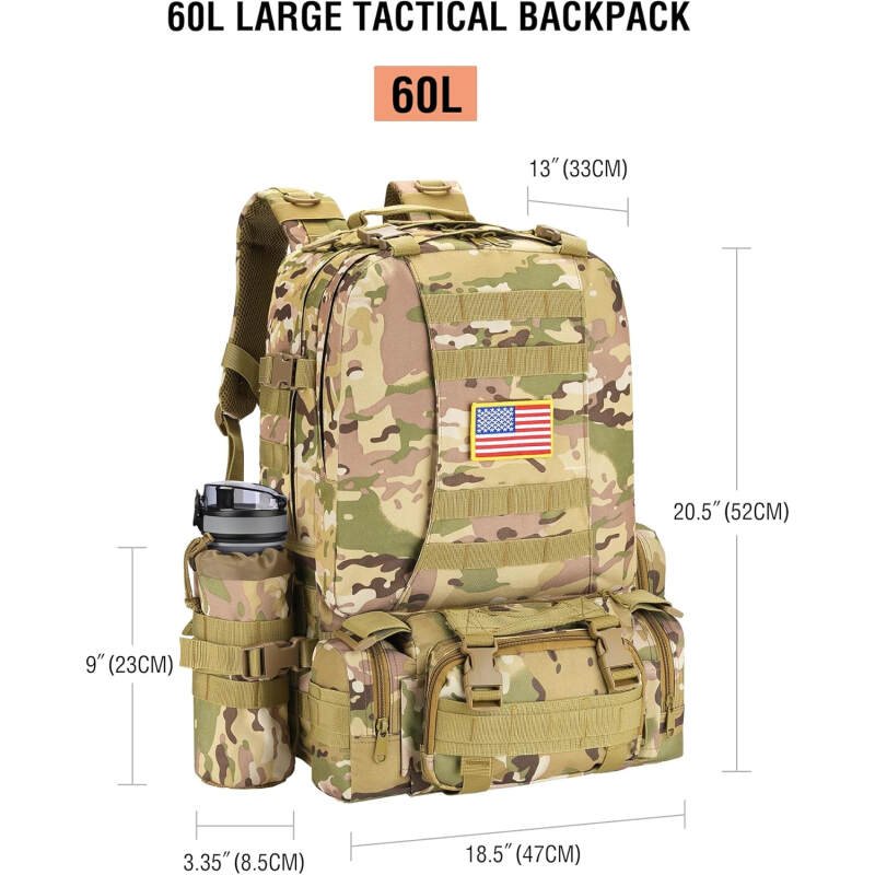 NOOLA 60L Military Tactical Backpack for Men Army 3 Day Assault Pack Large Camping Detachable Rucksack with Bottle Holder