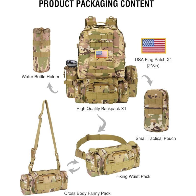 NOOLA 60L Military Tactical Backpack for Men Army 3 Day Assault Pack Large Camping Detachable Rucksack with Bottle Holder