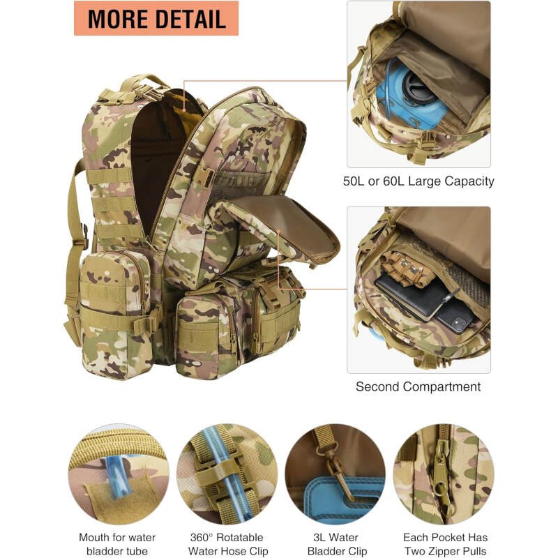 NOOLA 60L Military Tactical Backpack for Men Army 3 Day Assault Pack Large Camping Detachable Rucksack with Bottle Holder