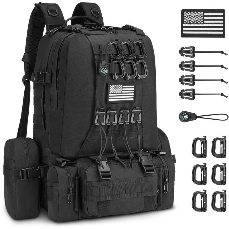 CVLIFE 60L Tactical Backpack for Men Women Military Large Army Rucksack With D-Ring Molle Clips Compass Accessories 3 Day Bug Out Survival Molle Bag Hiking Camping Gym Daypack Backpacks,Black