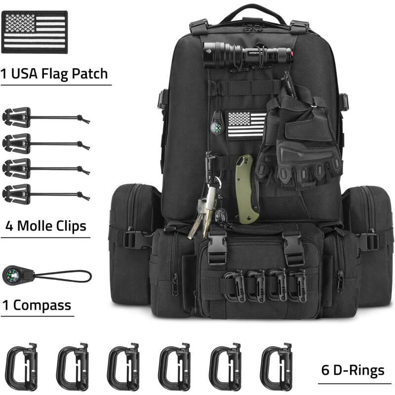 CVLIFE 60L Tactical Backpack for Men Women Military Large Army Rucksack With D-Ring Molle Clips Compass Accessories 3 Day Bug Out Survival Molle Bag Hiking Camping Gym Daypack Backpacks,Black