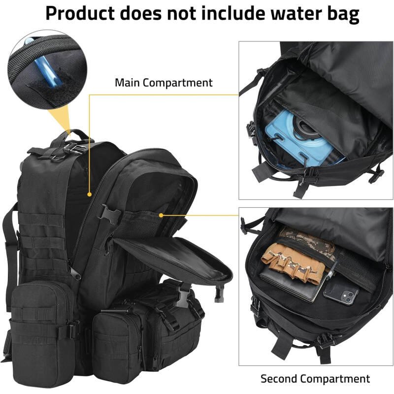 CVLIFE 60L Tactical Backpack for Men Women Military Large Army Rucksack With D-Ring Molle Clips Compass Accessories 3 Day Bug Out Survival Molle Bag Hiking Camping Gym Daypack Backpacks,Black