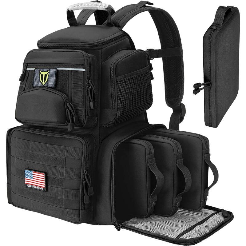 TIDEWE Tactical Range Backpack with Removable Divider, Handgun Backpack with 4 Pistol Case, Range Bag with Hard Glasses Case