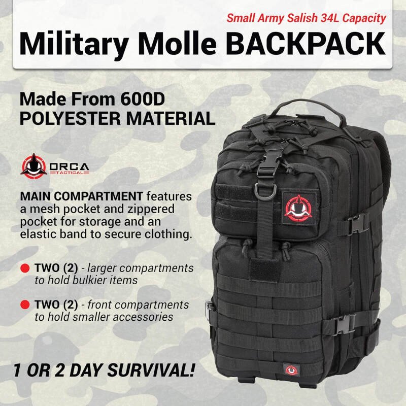 Backpack – 34L Molle Backpack – Military Army Style 1 to 2 Day Assault Pack Rucksack Survival Bag