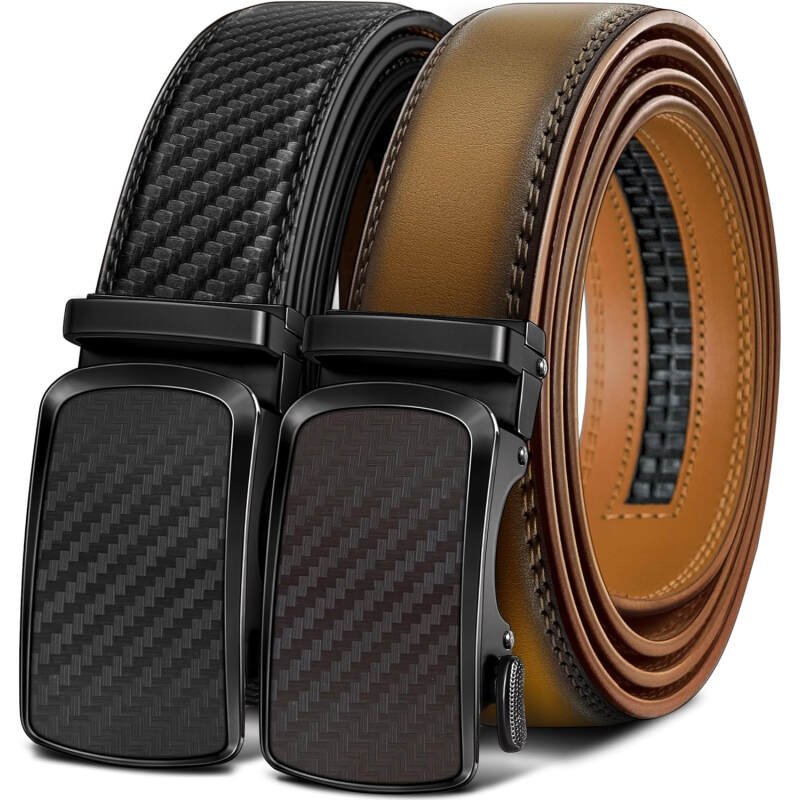 BULLIANT Men’s Ratchet Belt 2 Pack-Click Leather Belt Adjustable for Men Gift 1 3/8-Cut for Perfect Fit
