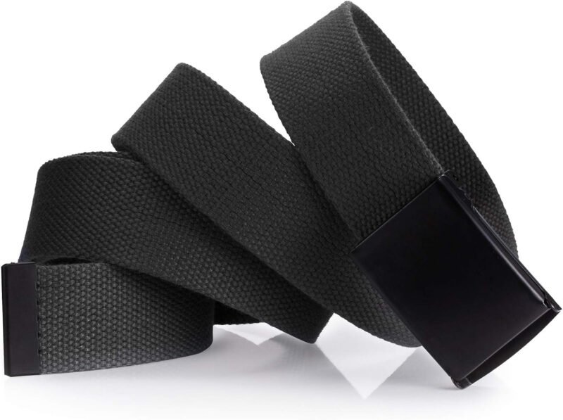 Mile High Life Cut To Fit Canvas Web Belt Size Up to 52″ with Flip-Top Solid Black Military Buckle
