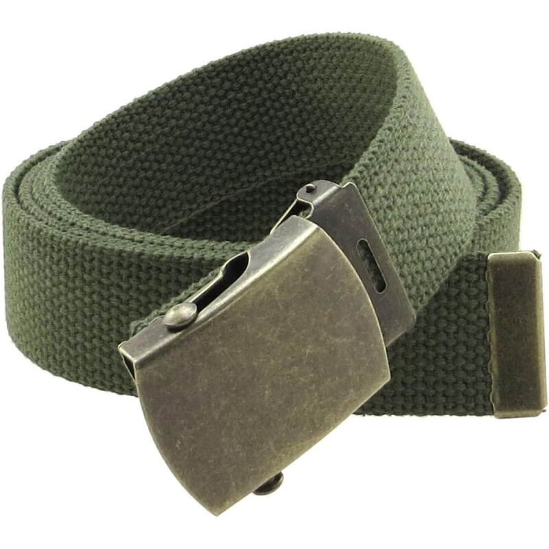 Canvas Web Belt Military Style with Antique Brass Buckle and Tip 50″ Long