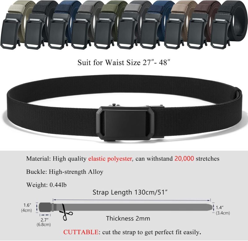 LionVII Ratchet Elastic Stretch Belts, 1 3/8″ Belt for Men with Automatic Buckle for Men, Adjustable Trim to Fit 27-46″ Waist