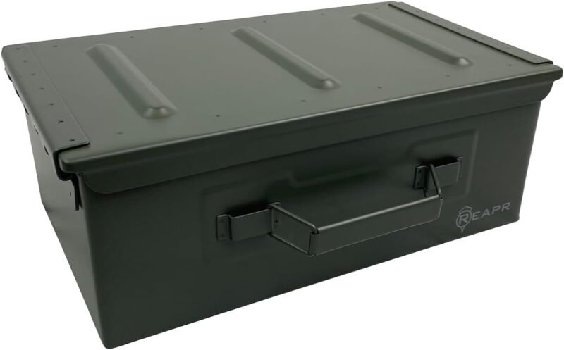 Reapr Heavy Duty Steel Ammo Can, Lockable & Water Resistant Box for any Caliber Ammunition, Airtight Military Storage 30/50 Cal, Durable Utility Box for Pistol, Shotgun, Rifle, Gifts for Him