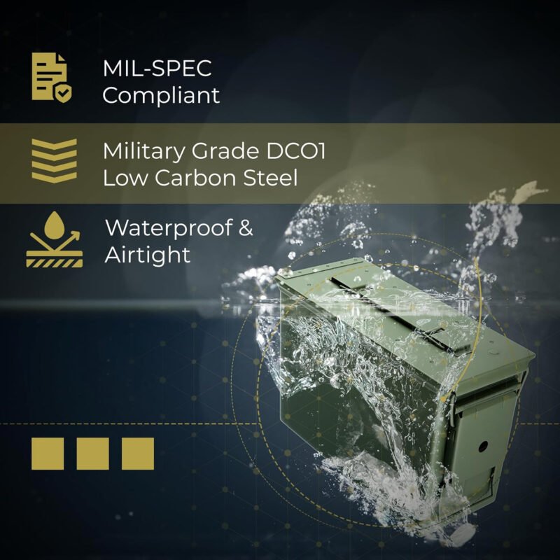 50 Cal Ammo Can M2A1 – Steel Ammo Boxes for Storage, Air Tight & Waterproof Metal Box for Ammunition Rounds or Underground Storage Container, Military Spec Certified Utility Dry Ammo Box + Sealed Lid