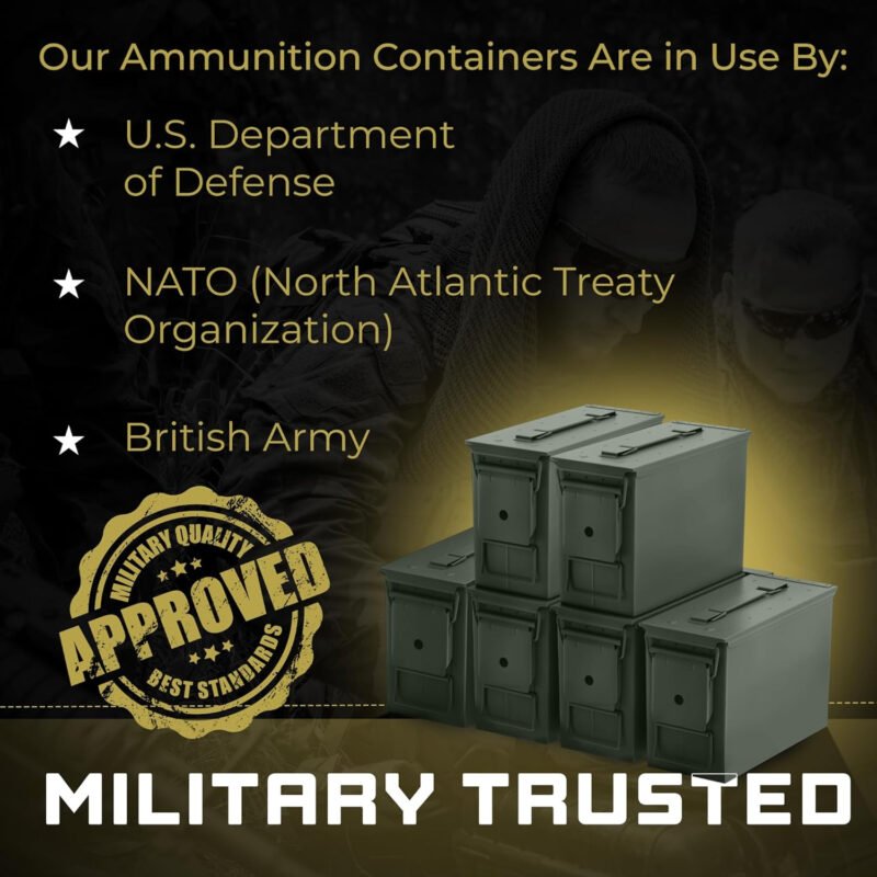 50 Cal Ammo Can M2A1 – Steel Ammo Boxes for Storage, Air Tight & Waterproof Metal Box for Ammunition Rounds or Underground Storage Container, Military Spec Certified Utility Dry Ammo Box + Sealed Lid