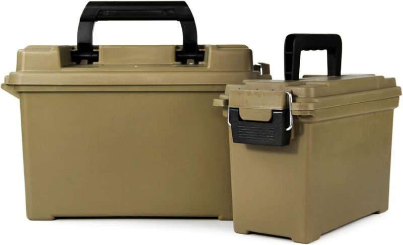GUGULUZA Plastic Ammo Cans, 2-Pack Lockable Storage Containers, Waterproof Storage Boxes for Pistol, Rifle, Shotgun, Stackable Case Tan