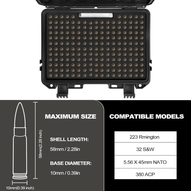 Ammo Case – Round 223 5.56 Ammo/Bullet Locking Storage Box with Included Silica Gel Canister – Waterproof Mil-Spec Travel Safe for 5.56 223 Ammo/Bullet