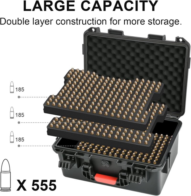 Ammo Box Storage Case for Bullets – 9mm Ammo Case | TSA Approved | Fits 9mm, .40 S&W, .45 ACP, 10mm, 5.7 FN, .38 SPL, .357 MAG – with Silica Gel Canister Ammunition Bullets Waterproof Box(Case Only)