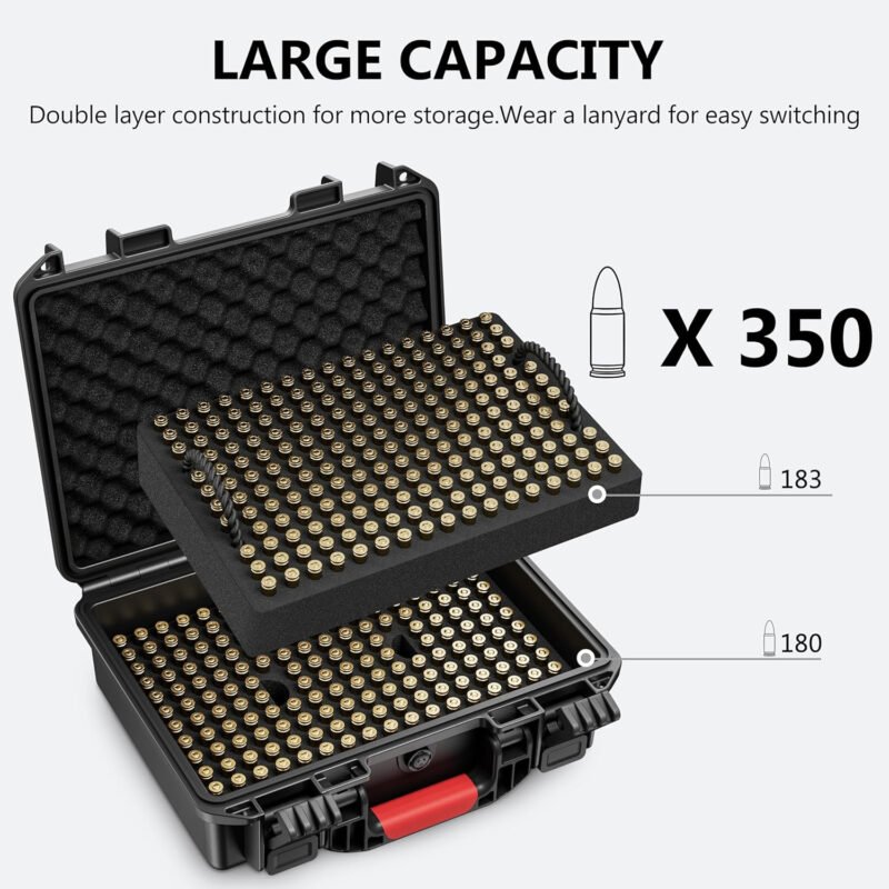 350 Round Bullet Locking Storage Case – Travel Safe/Mil Spec/Waterproof Ammo Box – for 9x19mm Parabellum/9mm Luger,.40 S&W, 380ACP, 38 S&W, 356 TS&W,7.63mm Mannlicher,8mm Steyr,.357SIG