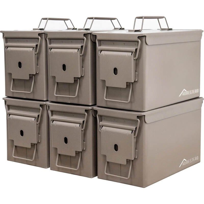 HOMESTEAD 50 Cal Metal Ammo Can – New Steel M2A1 Military Ammo Storage Box, Airtight and Water-Resistant Ammunition Storage (6-Pack, Dark Brown)
