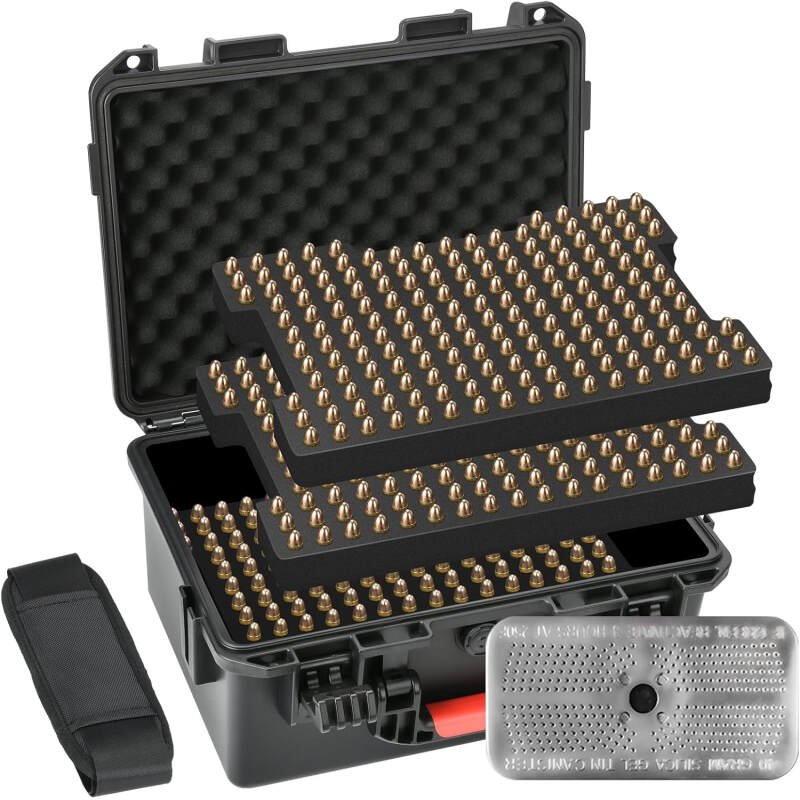 Ammo Box Storage Case for Bullets – 9mm Ammo Case | TSA Approved | Fits 9mm, .40 S&W, .45 ACP, 10mm, 5.7 FN, .38 SPL, .357 MAG – with Silica Gel Canister Ammunition Bullets Waterproof Box(Case Only)
