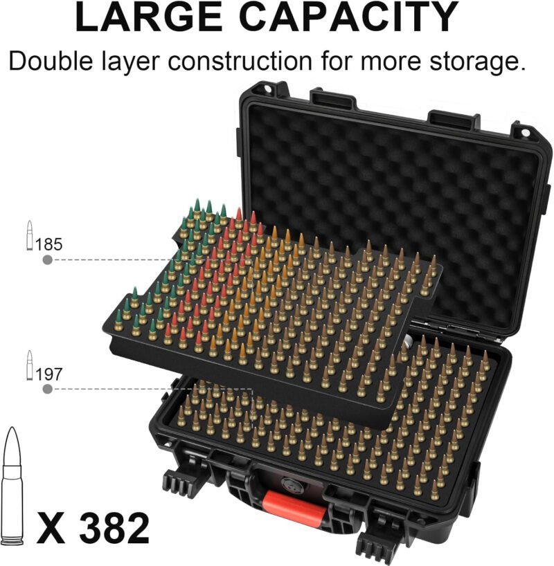 Ammo Case – Round 223 5.56 Ammo/Bullet Locking Storage Box with Included Silica Gel Canister – Waterproof Mil-Spec Travel Safe for 5.56 223 Ammo/Bullet