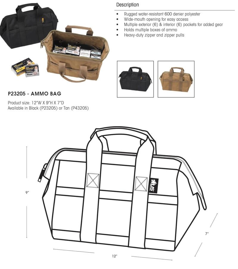 P43205 – Ammo Bag – Heavy Duty Water Resistant Fabric – Easy Access Opening – Heavy Duty Zippers – Lifetime Warranty – Tan