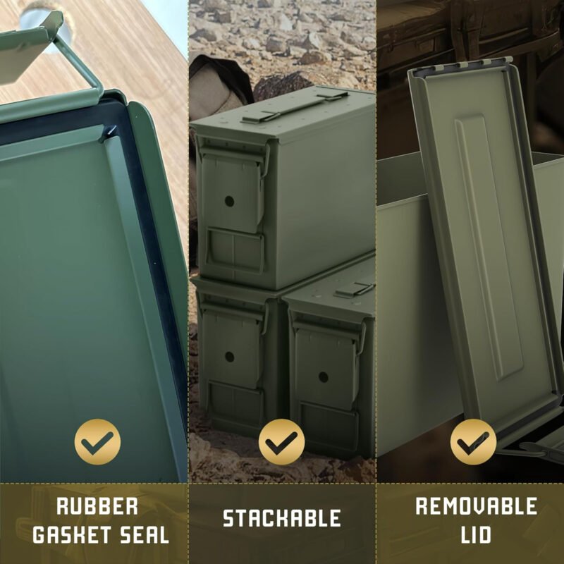 50 Cal Ammo Can M2A1 – Steel Ammo Boxes for Storage, Air Tight & Waterproof Metal Box for Ammunition Rounds or Underground Storage Container, Military Spec Certified Utility Dry Ammo Box + Sealed Lid