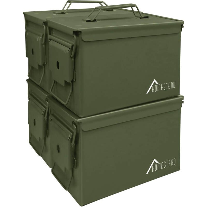 HOMESTEAD 50 Cal Metal Ammo Can – New Steel M2A1 Military Ammo Storage Box, Airtight and Water-Resistant Ammunition Storage (4-Pack, Green Color)