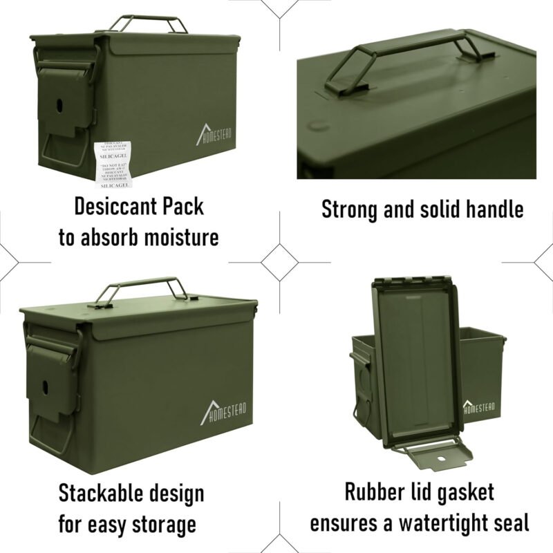 HOMESTEAD 50 Cal Metal Ammo Can – New Steel M2A1 Military Ammo Storage Box, Airtight and Water-Resistant Ammunition Storage (4-Pack, Green Color)