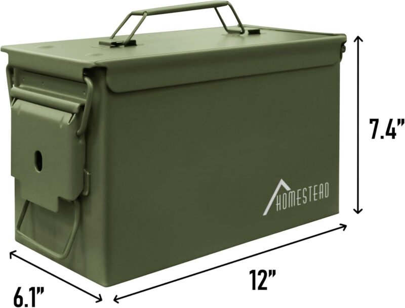 HOMESTEAD 50 Cal Metal Ammo Can – New Steel M2A1 Military Ammo Storage Box, Airtight and Water-Resistant Ammunition Storage (4-Pack, Green Color)