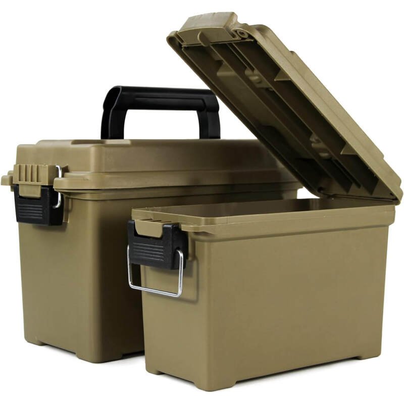 GUGULUZA Plastic Ammo Cans, 2-Pack Lockable Storage Containers, Waterproof Storage Boxes for Pistol, Rifle, Shotgun, Stackable Case Tan