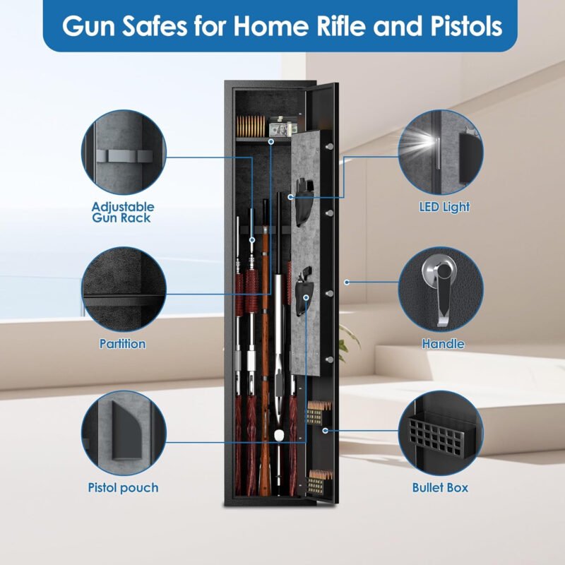 Home Rifle and Pistols Gun Safe with LED Light and Alarm System,Digital Keypad Lock,Quick Access 4-5 Rifle and 2 Pistol,Long Gun Cabinet with Removable Shelf
