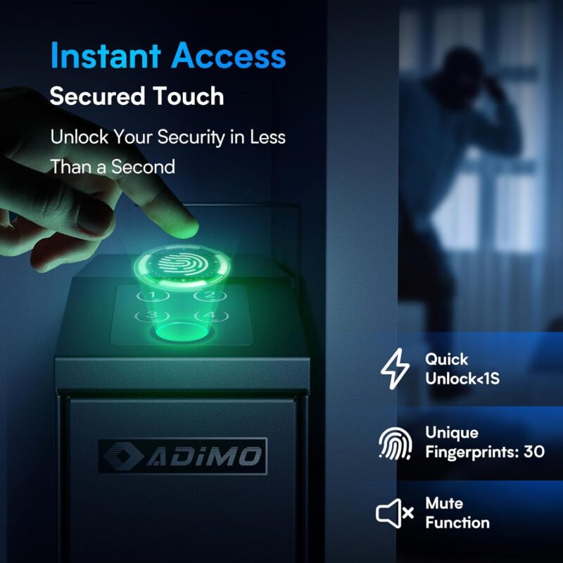 ADIMO Handgun Safe, Slider Biometric Fingerprint Gun Safe for Handgun Supports 3 Quickly Access Ways, Fingerprint, PIN Code and Key, Pistol Safe for Car, Truck, Desk, Bedside Gun Safe