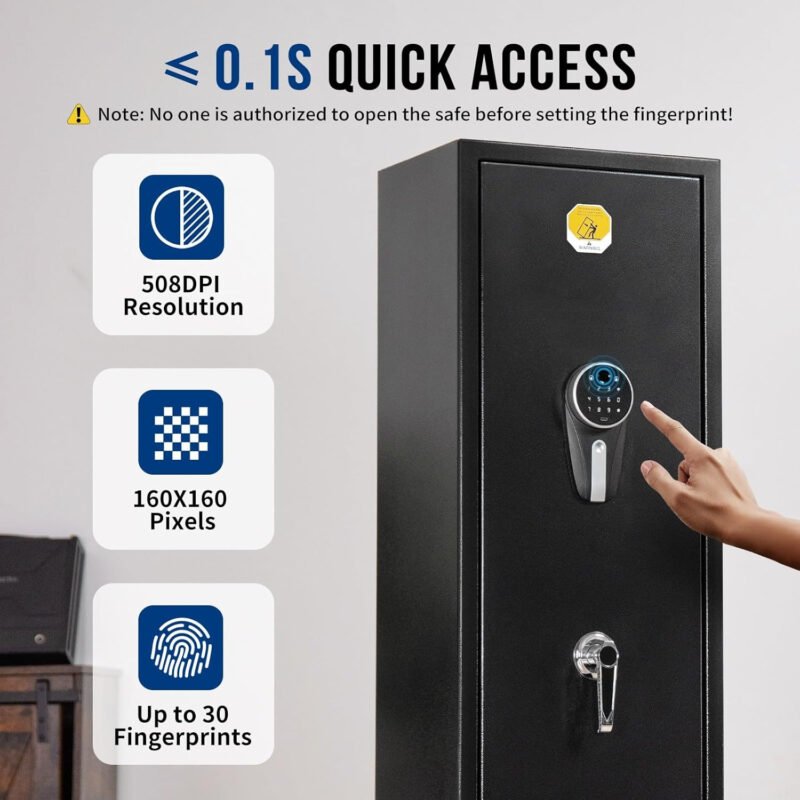 BlackSmith 6 Rifle Gun Safe for Home Rifle and Pistols Long Gun Safe 0.1s Quick Access Biometric Rifle Safe Fingerprint Gun Cabinet Keypad with Door Panel Organizer Dual Alarm Password Memory Function
