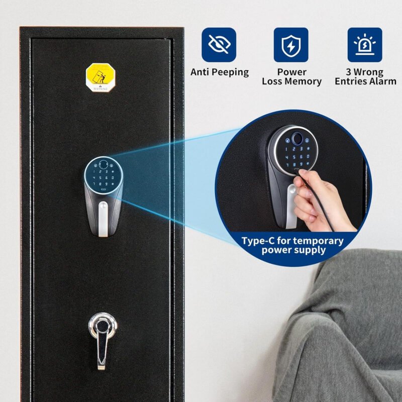 BlackSmith 6 Rifle Gun Safe for Home Rifle and Pistols Long Gun Safe 0.1s Quick Access Biometric Rifle Safe Fingerprint Gun Cabinet Keypad with Door Panel Organizer Dual Alarm Password Memory Function