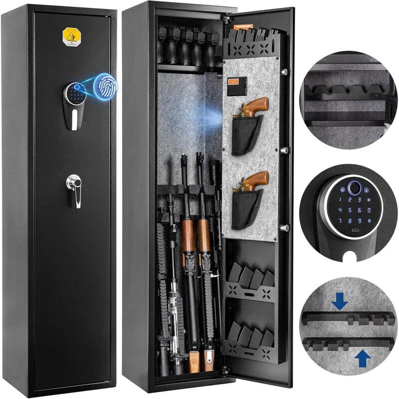 BlackSmith 6 Biometric Rifle Safe 0.1s Quick Access Gun Safe for Rifles and Pistols Fingerprint Recognition Gun Cabinet Keypad Wall Mount Rifle Gun Safe with Password Memory Function Dual Alarm System