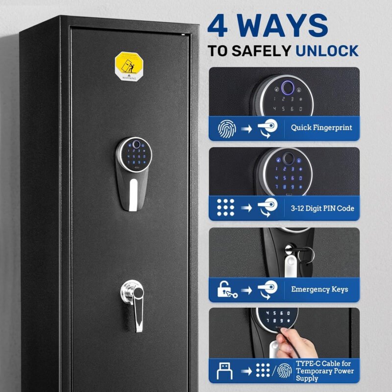 BlackSmith 6 Biometric Rifle Safe 0.1s Quick Access Gun Safe for Rifles and Pistols Fingerprint Recognition Gun Cabinet Keypad Wall Mount Rifle Gun Safe with Password Memory Function Dual Alarm System