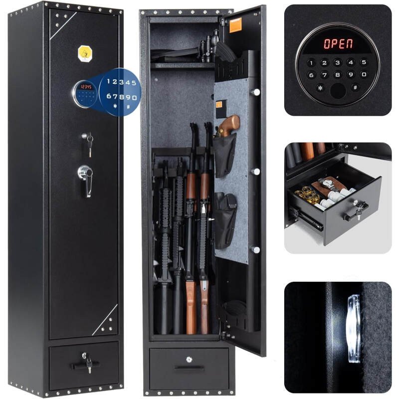BlackSmith 6 Long Gun Safe for Rifle Pistols Home Rifle Safe Quick Access Gun Cabinet with Keys Keypad Wall Mount Rifle Gun Safe with Drawer Door Panel Organizer Dual Alarm System