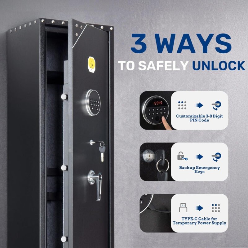 BlackSmith 6 Long Gun Safe for Rifle Pistols Home Rifle Safe Quick Access Gun Cabinet with Keys Keypad Wall Mount Rifle Gun Safe with Drawer Door Panel Organizer Dual Alarm System