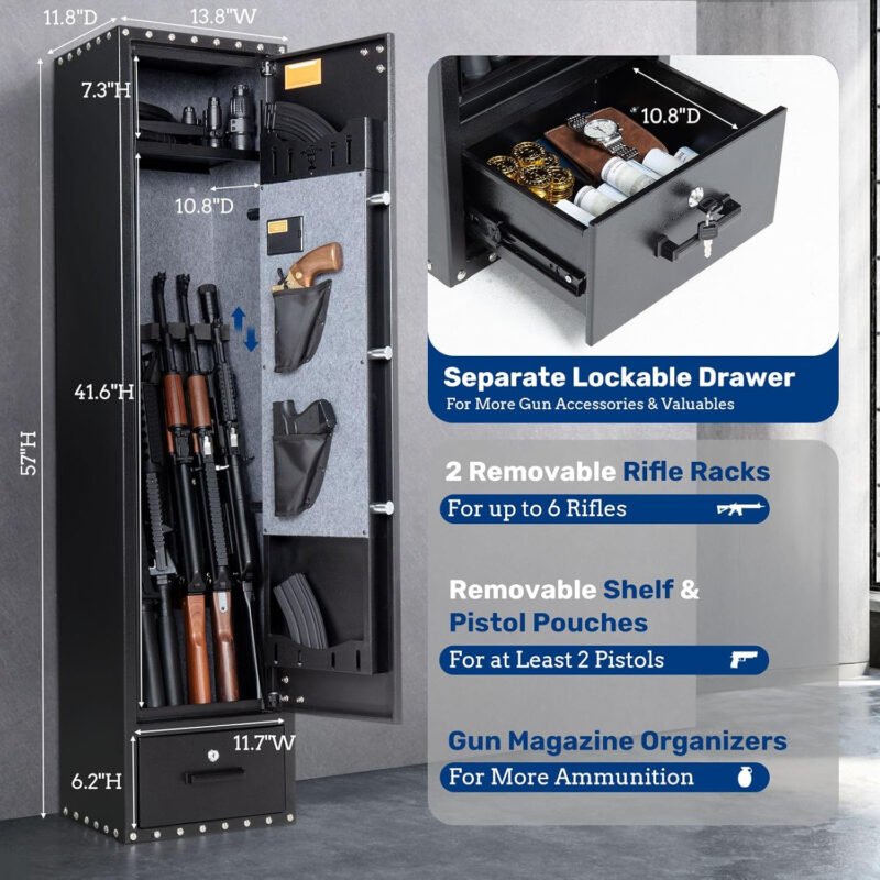BlackSmith 6 Long Gun Safe for Rifle Pistols Home Rifle Safe Quick Access Gun Cabinet with Keys Keypad Wall Mount Rifle Gun Safe with Drawer Door Panel Organizer Dual Alarm System