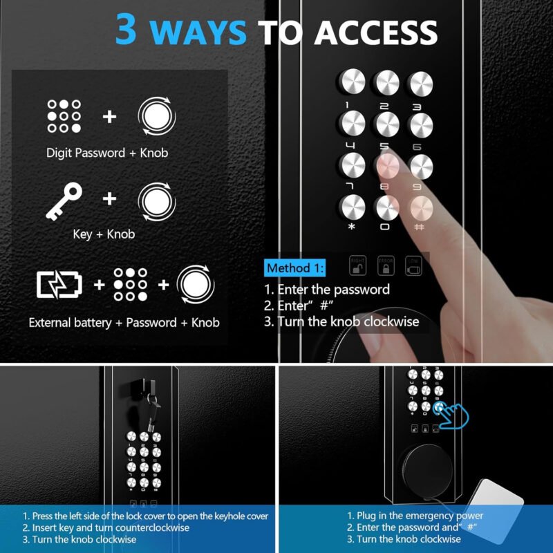 Gun Safe for Handgun, 2.0 Cu ft Home Safe with Pistol Rack Door Organizer, Pistol Safe with Digital Electronic Keypad, Alarm Gun Safe with Adjustable Shelf, Fixable Silent Safe for Valuables