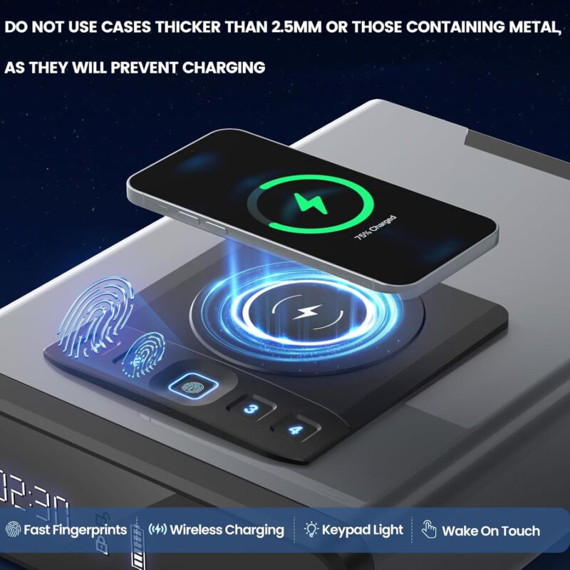 Biometric Gun Safe for Handgun, 24/7 Display Clock Safe with 2-in-1 Watch & Phone Wireless Charging, Pistol Safe with Backlit Keypad, Handgun Safe with LED Light, Auto Pop-up Unlock