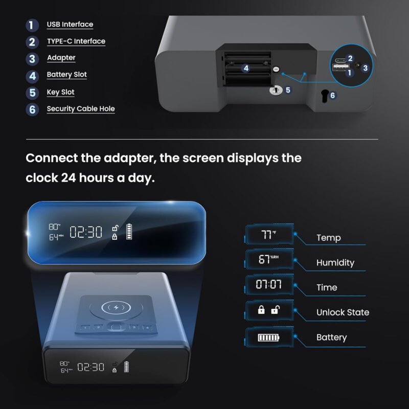 Biometric Gun Safe for Handgun, 24/7 Display Clock Safe with 2-in-1 Watch & Phone Wireless Charging, Pistol Safe with Backlit Keypad, Handgun Safe with LED Light, Auto Pop-up Unlock