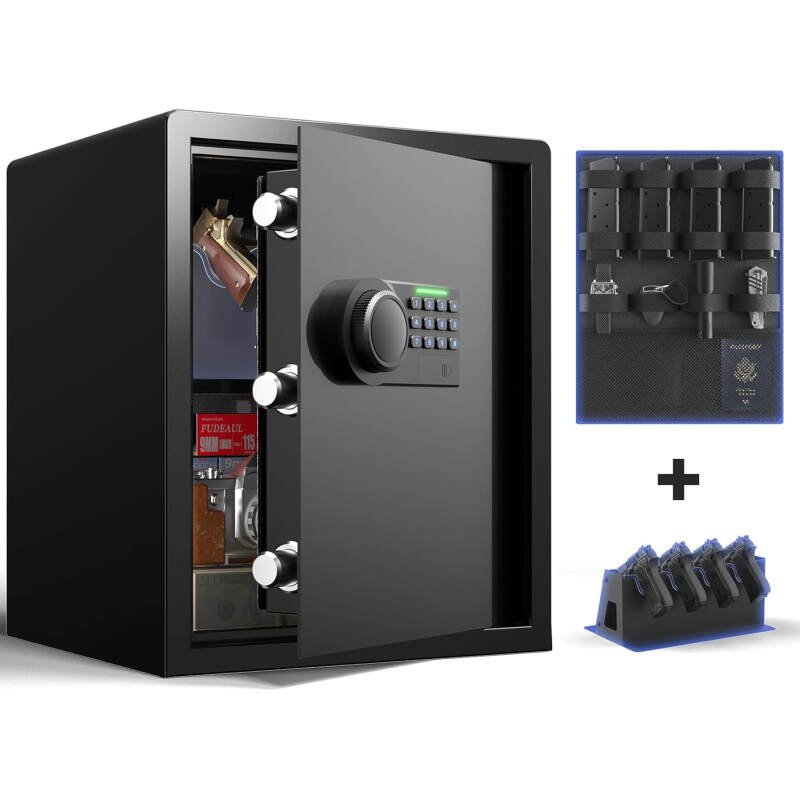 Gun Safe for Handgun – (1.72 cu. ft.) for Multiple Pistol Rack & Door Organizer Money Box with Silent Mode, Home Safe with Backlit Keypad, LED Light, Gun Vault for Anti-Rust