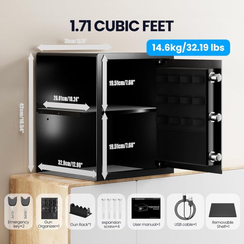Gun Safe for Handgun – (1.72 cu. ft.) for Multiple Pistol Rack & Door Organizer Money Box with Silent Mode, Home Safe with Backlit Keypad, LED Light, Gun Vault for Anti-Rust