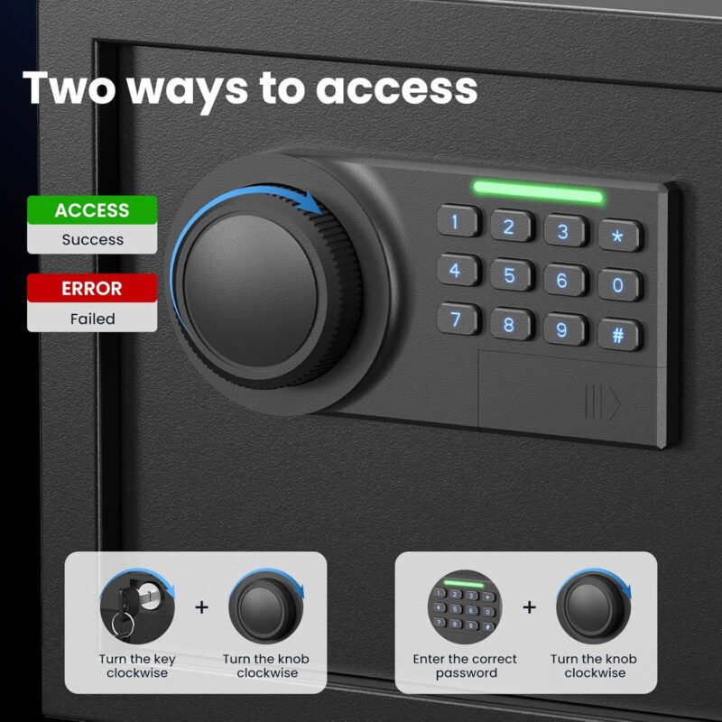 Gun Safe for Handgun – (1.72 cu. ft.) for Multiple Pistol Rack & Door Organizer Money Box with Silent Mode, Home Safe with Backlit Keypad, LED Light, Gun Vault for Anti-Rust