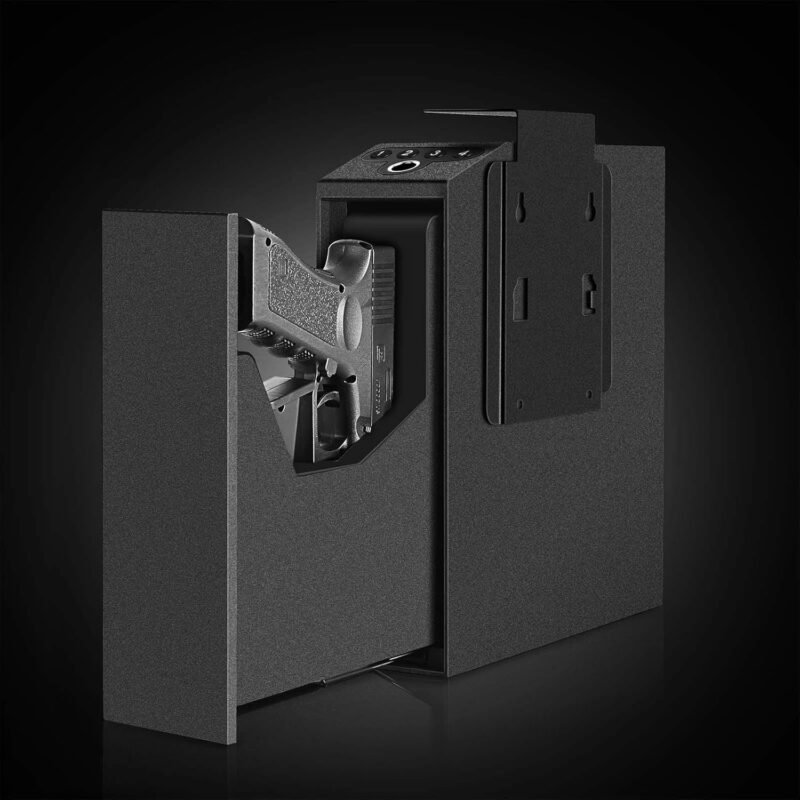 Biometric Slider Handgun Gun Safe for Nightstand, Desk, Bed Side,Truck – Auto Sliding Door Hand Gun Safe for Pistol -with Fingerprint, PIN Code, KEY Access
