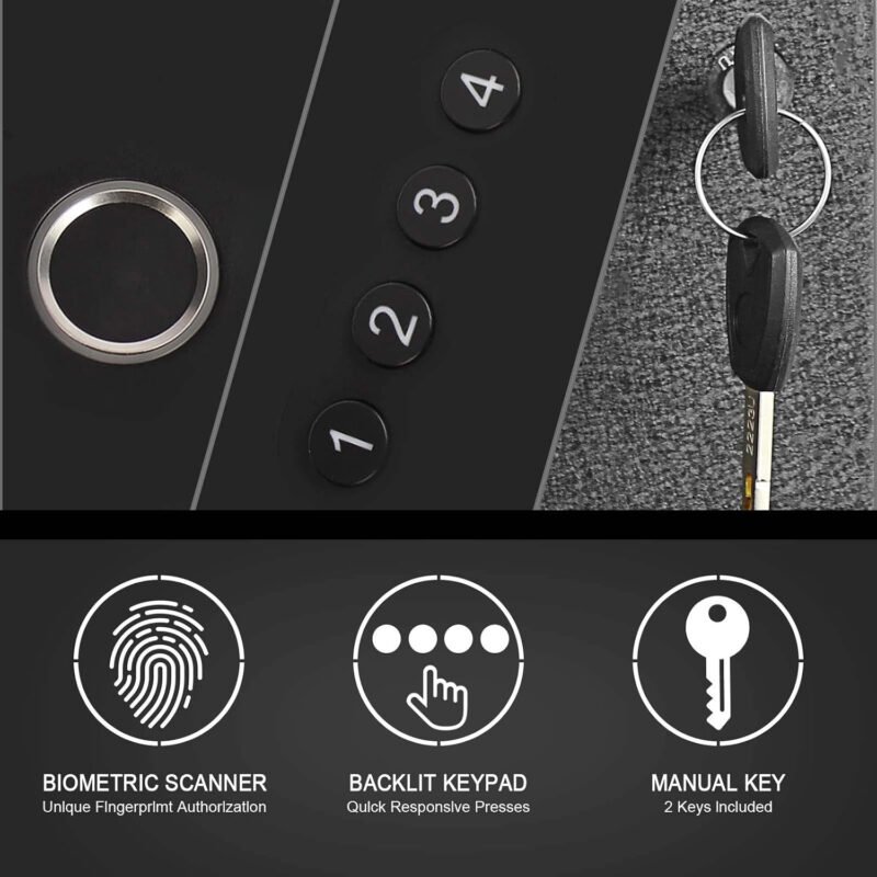 Biometric Slider Handgun Gun Safe for Nightstand, Desk, Bed Side,Truck – Auto Sliding Door Hand Gun Safe for Pistol -with Fingerprint, PIN Code, KEY Access
