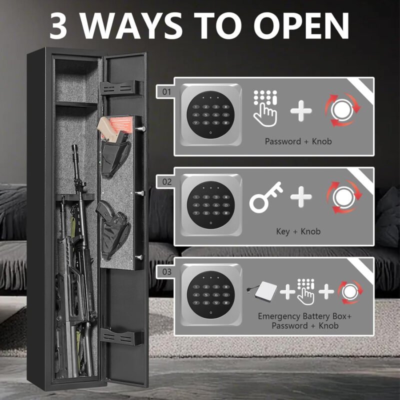 2 Gun Safe, Small Rifle Safe with Alarm System, 180 ° Quick Access Gun Cabinet for Rifles and Pistols, Electronic Shotgun Safe with Removable Shelf, Rifle Cabinet with Pistol Bags, Ammo Rack