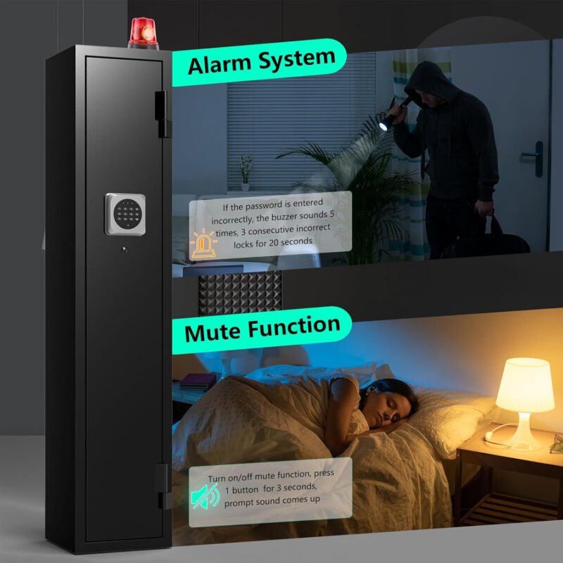 2 Gun Safe, Small Rifle Safe with Alarm System, 180 ° Quick Access Gun Cabinet for Rifles and Pistols, Electronic Shotgun Safe with Removable Shelf, Rifle Cabinet with Pistol Bags, Ammo Rack
