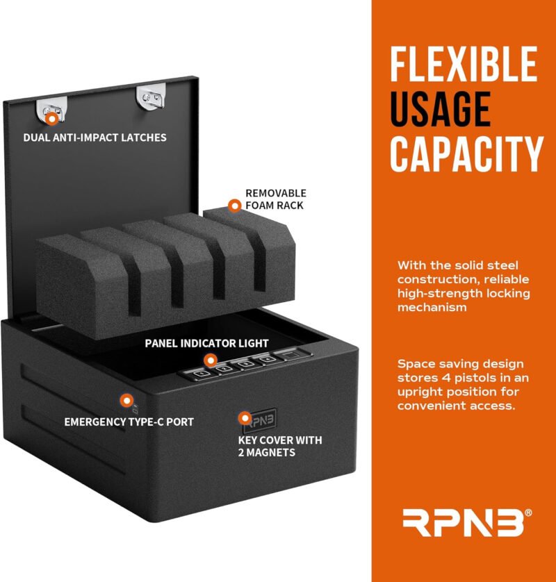 RPNB Gun Safe, Biometric Gun Safe for Handgun, 4 Pistols High Capacity Handgun Safe with Digital Keypad, Biometric Fingerprint