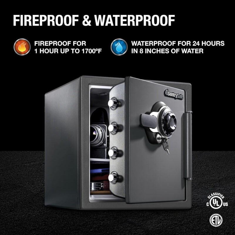 SentrySafe Medium Gray Fireproof Safe and Waterproof Safe Box with Dial Combination, Home Safe for Money, Documents, or other Valuables, 1.23 Cubic Feet, SFW123DSB